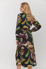 Kopertowa wiskozowa sukienka midi z długim bufiastym rękawem