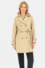 Krótki dwurzędowy beżowy trencz z paskiem i podszewką