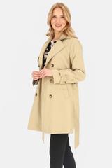 Krótki dwurzędowy beżowy trencz z paskiem i podszewką