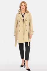 Krótki dwurzędowy beżowy trencz z paskiem i podszewką