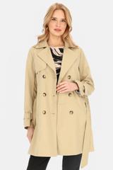 Krótki dwurzędowy beżowy trencz z paskiem i podszewką