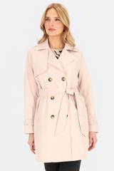 Krótki dwurzędowy trencz z paskiem i podszewką