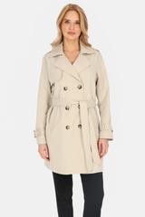 Krótki dwurzędowy trencz jasnobeżowy z paskiem i podszewką