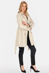 Krótki dwurzędowy trencz jasnobeżowy z paskiem i podszewką