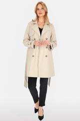 Krótki dwurzędowy trencz jasnobeżowy z paskiem i podszewką