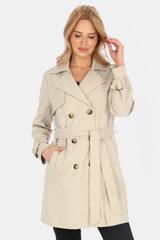 Krótki dwurzędowy trencz jasnobeżowy z paskiem i podszewką