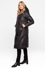 Zimowa czarna kurtka za kolano z naturalnym wypełnieniem
