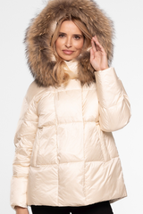 Puchowa wygodna kurtka z kapturem i futerkiem