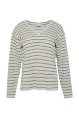 Lekki seledynowy sweterek w brązowe paski