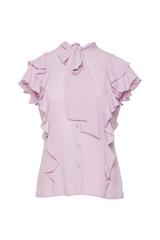 Liliowa zwiewna bluzka z falbankami i wiązaniem