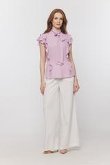 Liliowa zwiewna bluzka z falbankami i wiązaniem