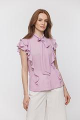 Liliowa zwiewna bluzka z falbankami i wiązaniem