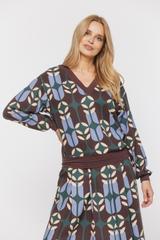 Luźna wiskozowa wzorzysta bluzka ze ściągaczami