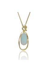A long gold necklace with a pastel-coloured stone and a clasp