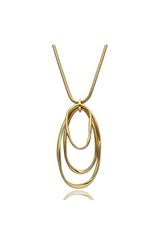 A long gold necklace with a striking pendant