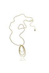A long gold necklace with a striking pendant