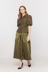 An olive-coloured taffeta shirt with puff sleeves and short sleeves