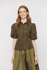 An olive-coloured taffeta shirt with puff sleeves and short sleeves