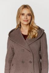 Ocieplany szarobrązowy płaszcz z wełną o fakturze jodełki