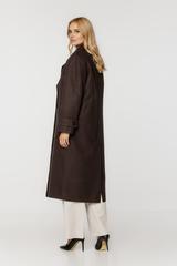 Długi ciemny płaszcz o szerokim prostym kroju