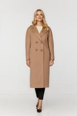 Wełniany dwurzędowy płaszcz toffi o prostym kroju