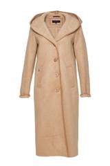 Ponadczasowy długi kożuszek z kapturem w kolorze beżowym