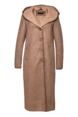 Ponadczasowy długi kożuszek z kapturem w kolorze kakaowym