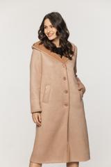 Ponadczasowy długi kożuszek z kapturem w kolorze biszkoptowym