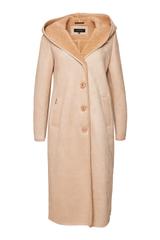 Ponadczasowy długi kożuszek z kapturem w kolorze biszkoptowym