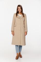 Wełniany beżowy płaszcz z patkami i zapięciem na guziki