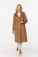 Wełniany ciemnobeżowy płaszcz z patkami i zapięciem na guziki