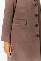 Wełniany szarobrązowy płaszcz z patkami i zapięciem na guziki