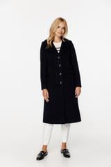 Wełniany granatowy płaszcz z patkami i zapięciem na guziki