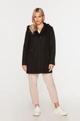 Krótki czarny płaszcz z kapturem i kieszeniami