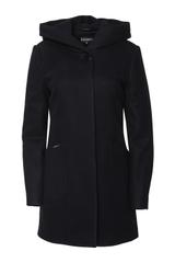 Krótki granatowy płaszcz z kapturem i kieszeniami