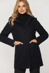 Krótki granatowy płaszcz z kapturem i kieszeniami