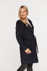 Wełniany krótki płaszcz granatowy z paskiem w talii