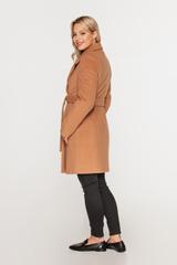 Wełniany krótki płaszcz toffi z paskiem w talii