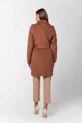 Wełniany krótki płaszcz brązowy z paskiem w talii