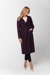 Płaszcz śliwkowy z paskiem i dużymi kieszeniami