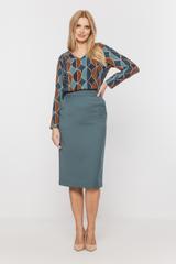 Prosta spódnica za kolano w odcieniu szałwiowym z rozporkiem