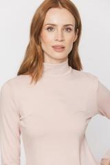 A powder-coloured, stretchy turtleneck made from a delicately ribbed knit
