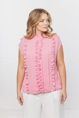 Różowa wizytowa bluzka z falbankami i stójką