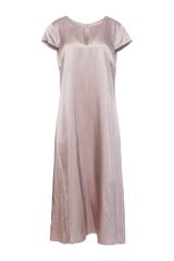 Satynowa sukienka o trapezowym fasonie z ozdoba przy dekolcie