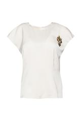 Satynowa wizytowa bluzka ze złotą broszką