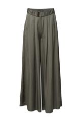 Satynowe szerokie spodnie khaki z paskiem i kieszeniami