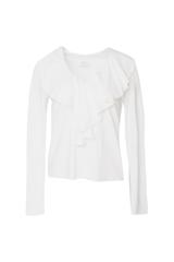 Śmietankowa dzianinowa bluzka z żabotem i długim rękawem