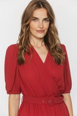 Stylowa ceglana sukienka z bufiastym rękawem i klamrą