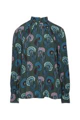 Stylowa ciemnozielona bluzka ze stójką i bufiastymi rękawami