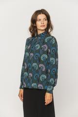 Stylowa ciemnozielona bluzka ze stójką i bufiastymi rękawami